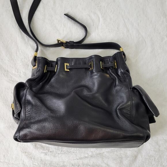 Michael Kors Black Leather Bucket Style Bag Drawstring Gold Hardware - Picture 3 of 11